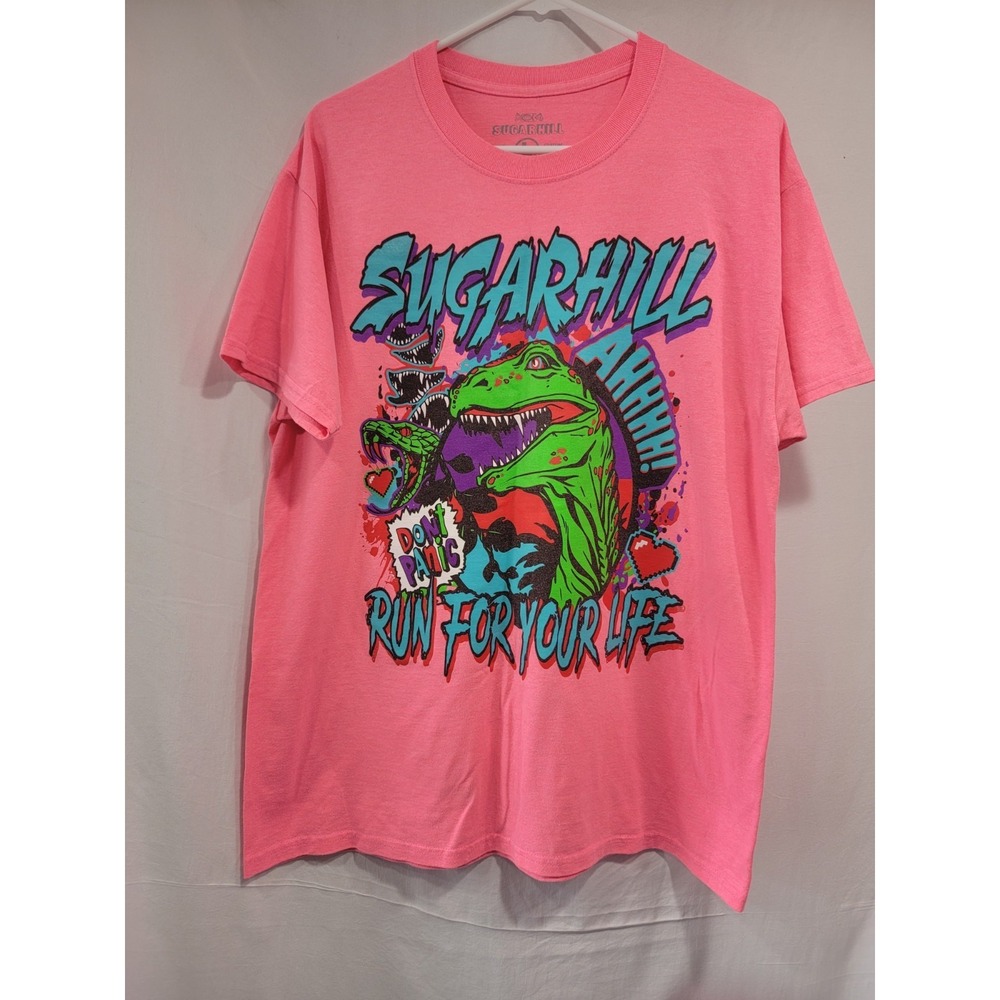 Sugarhill Run For Your Life T Shirt Adult XL Pink Graphic Dinosaur Snake Neon